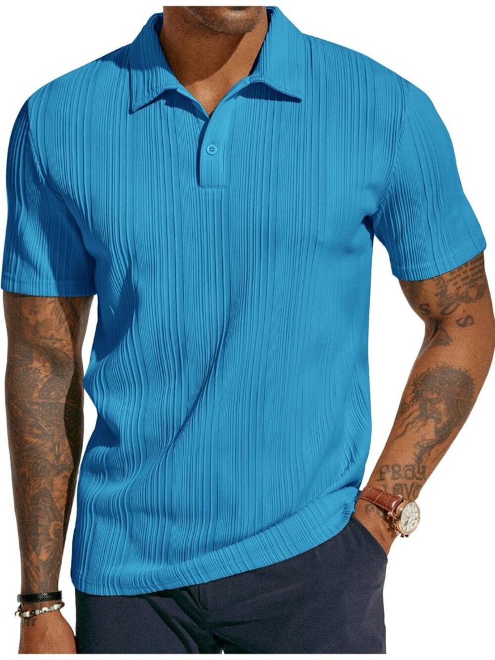 Men's Denim Blue Textured Knit Polo Shirts Regular Fit Imported Stretchy Golf